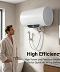 Rock Solid Seventy Liters Electric Tank Water Heater Kick Some Serious Heat With Wall Mount Bracket installed in bathroom.