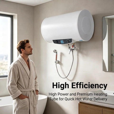 Rock Solid Seventy Liters Electric Tank Water Heater Kick Some Serious Heat With Wall Mount Bracket installed in bathroom.