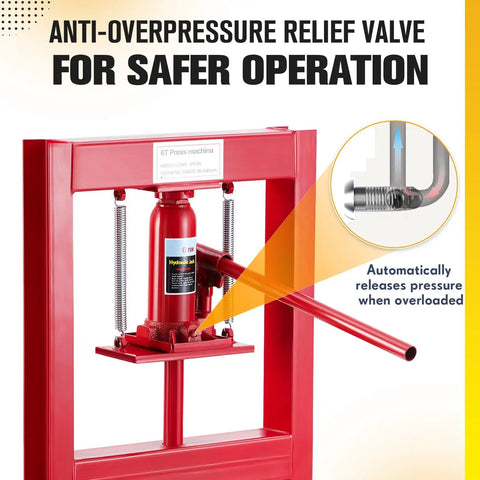 6 Ton Hydraulic Shop Press With H Frame For Auto Bending And Stamping Adjustable Benchtop And Floor Press Plates Built To Last Red Garage Press With Anti-Overpressure Relief Valve Visible