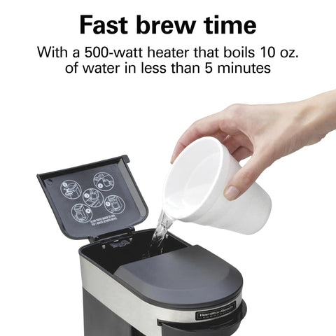 Compact 1 Cup Coffee Maker For Office Use being filled with water, showing open lid, black and stainless steel design.