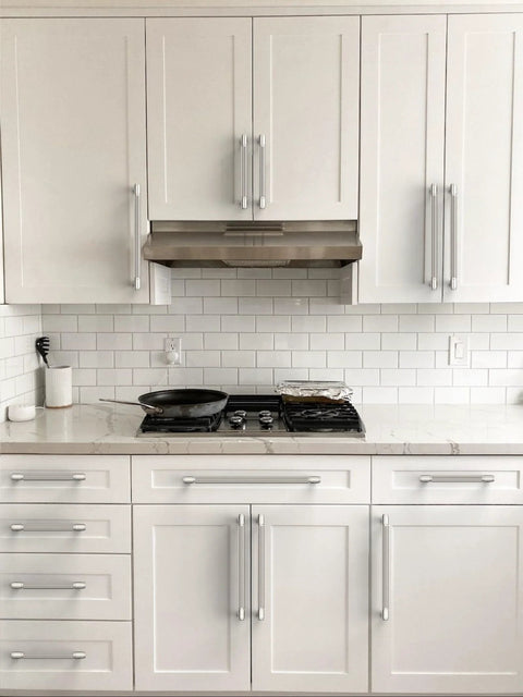 Brushed Satin Nickel Knurled Cabinet Pulls 5 Inch 128mm Pack Of 10 For Kitchen Cabinets And Drawer Fronts installed in kitchen