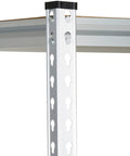 Close-up of Beefy Aluminum 5 Shelf Storage Rack With Double Posts 36 By 18 By 72 Inches Anodized Shelving Unit corner construction.