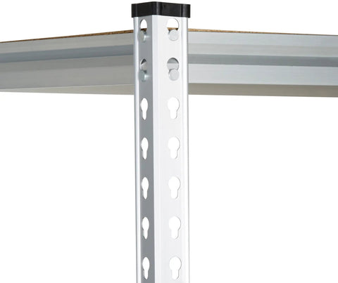 Close-up of Beefy Aluminum 5 Shelf Storage Rack With Double Posts 36 By 18 By 72 Inches Anodized Shelving Unit corner construction.