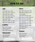 OEM fit list for GMC, Chevy, Cadillac, Oldsmobile, Pontiac models, including pickup trucks and SUVs, displayed on a blurred background.