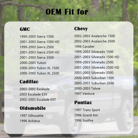 OEM fit list for GMC, Chevy, Cadillac, Oldsmobile, Pontiac models, including pickup trucks and SUVs, displayed on a blurred background.
