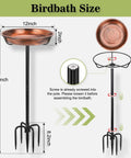 Heavy Duty Metal Bird Bath For Outdoors With 12 Inch Diameter Bowl Rustproof Waterproof Coating Sturdy 5 Prong Base Yard Friendly Garden Feeder And Bath For Backyard Birds, showing dimensions and parts including 12in bowl and prong base.