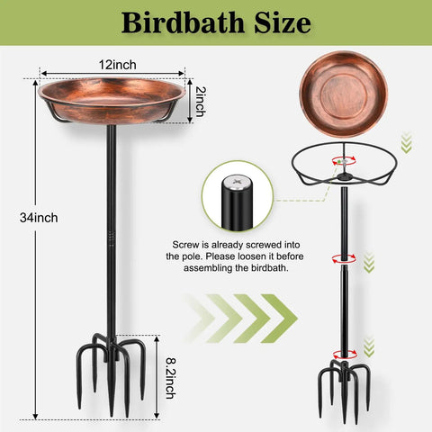 Heavy Duty Metal Bird Bath For Outdoors With 12 Inch Diameter Bowl Rustproof Waterproof Coating Sturdy 5 Prong Base Yard Friendly Garden Feeder And Bath For Backyard Birds, showing dimensions and parts including 12in bowl and prong base.
