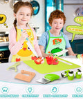 Front view of HAIMST 15-piece Montessori kids kitchen tool set with plastic toddler knife and wooden cutting board.