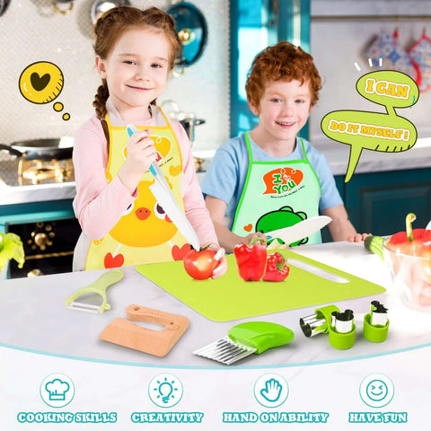 Front view of HAIMST 15-piece Montessori kids kitchen tool set with plastic toddler knife and wooden cutting board.