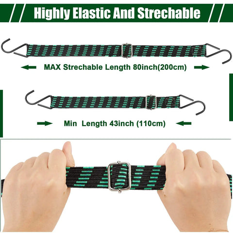 8 Pack 80 Inch Adjustable Flat Bungee Cords With Hooks And Buckles, hands stretching heavy duty elastic straps