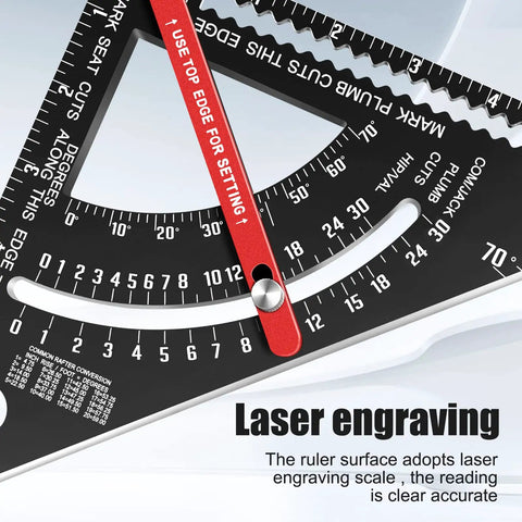 Close-up of 7 Inch Aluminum Rafter Square For Woodworking And Framing Durable Carpenter Layout Tool with laser-engraved scale
