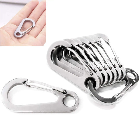 10 Pack 1.77 Inch Stainless Steel Clip Spring Snap Hooks EDC Mini Carabiners shown in palm and stacked on white background.