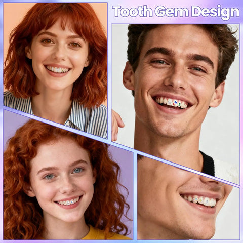 Smiling individuals showcasing Tooth Gem Kit for Teeth Beginners with Colorful Crystal Gems and Essential Tools in use on teeth.