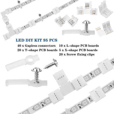 4 Pin LED Strip Connectors Set With Screw Clips Cuttable T L And X Shape PCBs For SMD 5050 10mm RGB LED Strips Gapless Connector Kit 95 Pieces