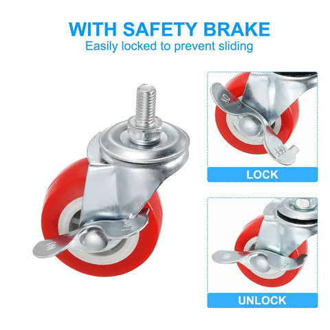 2 Inch Swivel Caster Wheels With Brakes Set Of 4 For Furniture Chairs Heavy Duty 264 Lb Total Load M8 X 15mm Threaded Stem PVC Castors With Nuts Gaskets Wrench Red