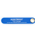 Blue guitar fret gauge tool for precision fret level seating height and size measurements with branding details.