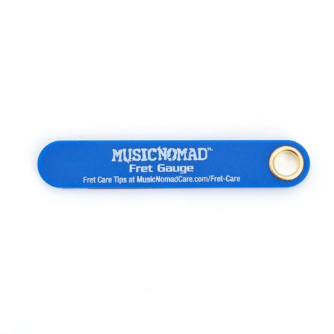 Blue guitar fret gauge tool for precision fret level seating height and size measurements with branding details.