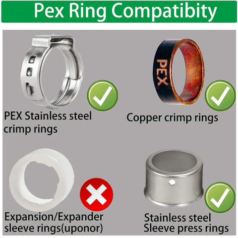 Pex ring compatibility chart showing stainless steel and copper crimp rings approved for Half Inch Pex Female Swivel Fitting Adapter.