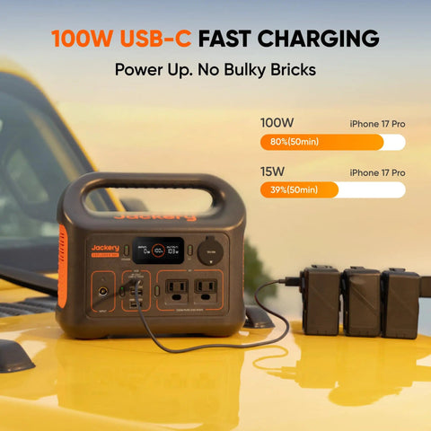 Beast Portable Solar Generator Explorer 300 Power Station 292Wh charging devices on car hood with USB-C ports visible