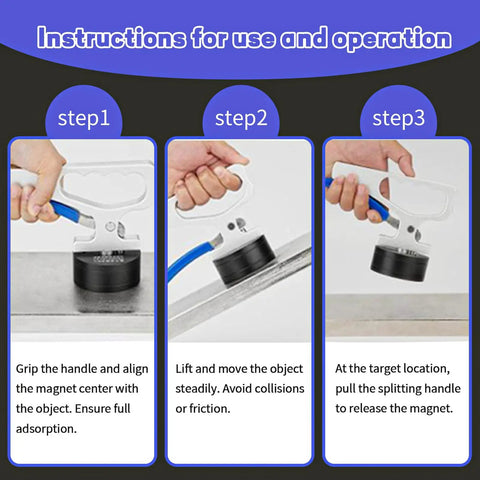Instruction steps for Heavy Duty Magnetic Pickup Tool With Quick Release And Ergonomic Handle, lifting magnet usage.