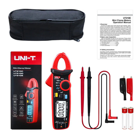 Compact Clamp Meter With Alligator Clips For AC And DC Current, True RMS 2000 Counts shown with accessories and packaging