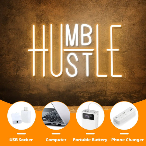 Dope Hustle Neon Sign USB Powered Wall Decor With Dimmer Switch in yellow and white on brown wall with charging accessories