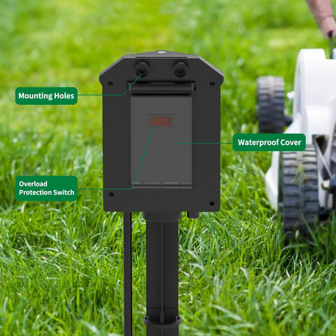 Front view of Outdoor Power Strip With Stake And Waterproof Outlet Cover, 15 Ft 14 AWG Heavy Duty Extension Cord in grassy area.