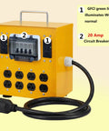 Heavy Duty 30A Temporary Power Distribution Box With L14-30P Input And Four GFCI 20A Duplex Outlets showing circuit breaker and power outlets.