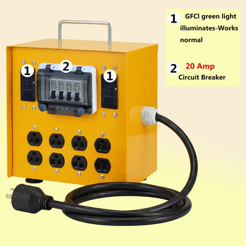 Heavy Duty 30A Temporary Power Distribution Box With L14-30P Input And Four GFCI 20A Duplex Outlets showing circuit breaker and power outlets.