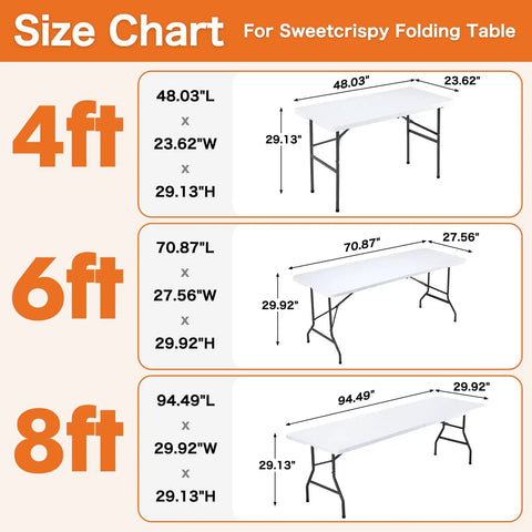 Size chart for Sweetcrispy four foot go to folding picnic table with carrying handle easy to fold and store portable lightweight table for camping picnics parties dining and outdoor kitchen use slim fold design for indoor or outdoor travel and backyard fun