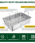 Stainless Steel Roasting Pan With V-Shaped and Flat Rack for Even Browning, showing features like raised handles and high walls.