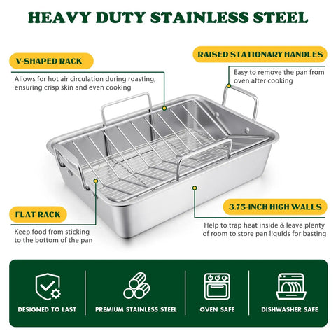 Stainless Steel Roasting Pan With V-Shaped and Flat Rack for Even Browning, showing features like raised handles and high walls.