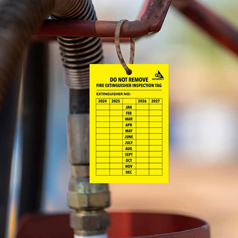 4 Year Fire Extinguisher Inspection Tags 25 Pack Durable UV Waterproof Never Tear Digital Polyester Monthly Updates For Indoor And Outdoor Extinguishers 2026 2029 Ready attached to a pipe