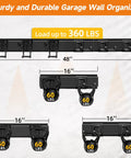 Heavy Duty 48 Inch Wall Mount Garden Tool Organizer Rack with six hooks shown with weight capacity indicators