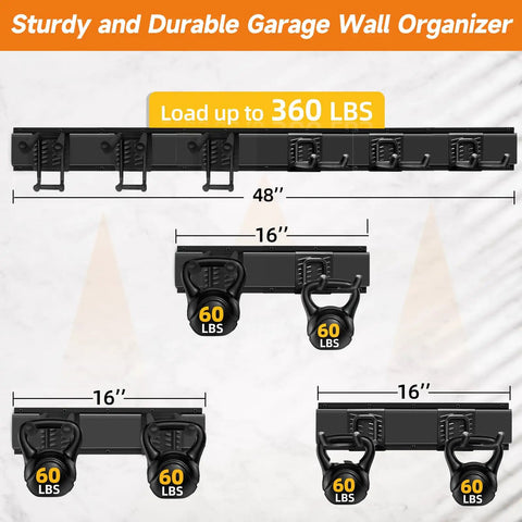 Heavy Duty 48 Inch Wall Mount Garden Tool Organizer Rack with six hooks shown with weight capacity indicators