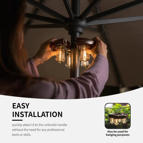 Person installing Donut Design Patio Umbrella Light With LED Edison Bulbs Cordless Battery Powered Pole Light