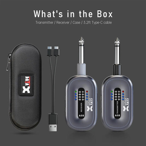 A58 5.8GHz Wireless Guitar System True Diversity Transmitter And Receiver with case and Type-C cable for electric acoustic bass