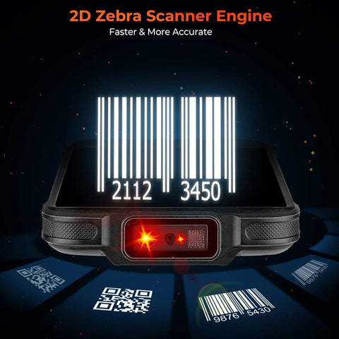 Android 13 Pistol Grip Barcode Scanner With Wi Fi 6 Handheld Mobile Computer displaying SE4710 Zebra engine scanning 1D and 2D codes