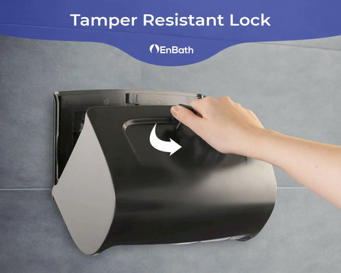 Two Roll Wall Mount Toilet Paper Dispenser With Locking Cover being opened, showing tamper-resistant feature, black dual roll holder