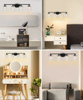 Collage of Black Four Light Crystal Vanity Light Fixture 31.5 Inch Over Mirror in various home settings.