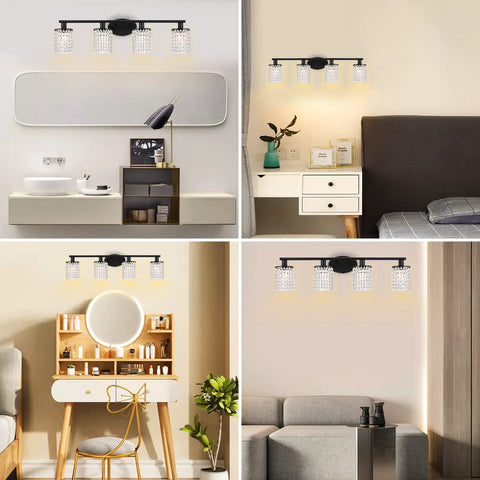 Collage of Black Four Light Crystal Vanity Light Fixture 31.5 Inch Over Mirror in various home settings.
