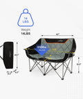 Oversized Fully Padded Camping Chair Folding Loveseat For Outdoors Heavy Duty Quad Fold Camp Couch with Cup Holder, Black