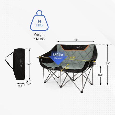 Oversized Fully Padded Camping Chair Folding Loveseat For Outdoors Heavy Duty Quad Fold Camp Couch with Cup Holder, Black