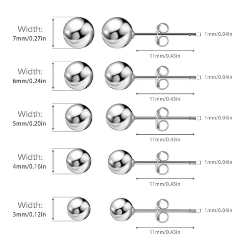 Five Pair Tiny Ball Stud Earrings For Women, Hypoallergenic S925 Sterling Silver Jewelry Set, Five Color Options Rose Gold Gold Silver Black Pearl, Includes Five Sizes For Daily Sparkle. Size chart: 3mm-7mm