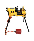 Steel Dragon Tools 300 Compact Pipe Threader Machine With Self Opening Die Head And Two Dies on a stand with a foot pedal.