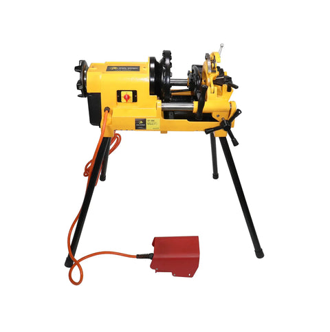 Steel Dragon Tools 300 Compact Pipe Threader Machine With Self Opening Die Head And Two Dies on a stand with a foot pedal.