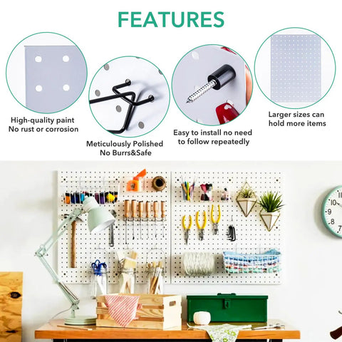 Features of Double Pack Metal Pegboard Panels for Walls, Modular Pegboard Wall Organizer System with accessories displayed, white finish.
