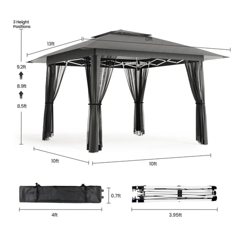 13x13 Pop Up Gazebo Tent With Mosquito Netting For Outdoor Lawn And Backyard Use, Includes 4 Sandbags, 8 Stakes, 4 Ropes, Roller Bag, Easy Setup Canopy With Three Height Options 8.5, 8.9 And 9.2 Feet, Gray