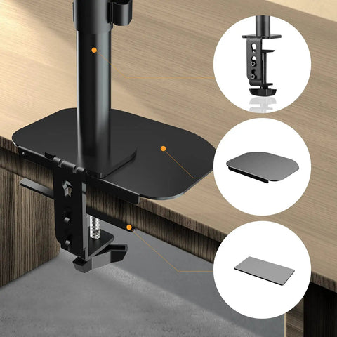 Kingpin Steel Reinforcement Plate for Glass Desk Adds Savage Stability to Monitor Mount Setup with Secure C-Clamp Grip showing black steel pad and clamp.