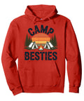 Red hoodie with 'Camp Besties' design, featuring tents and campfire, Cozy Pullover Hoodie For Campers And RV Lovers